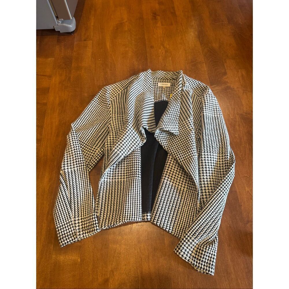 Calvin Klein Houndstooth Open Front Jacket Women’s Large Black White Zip Accent